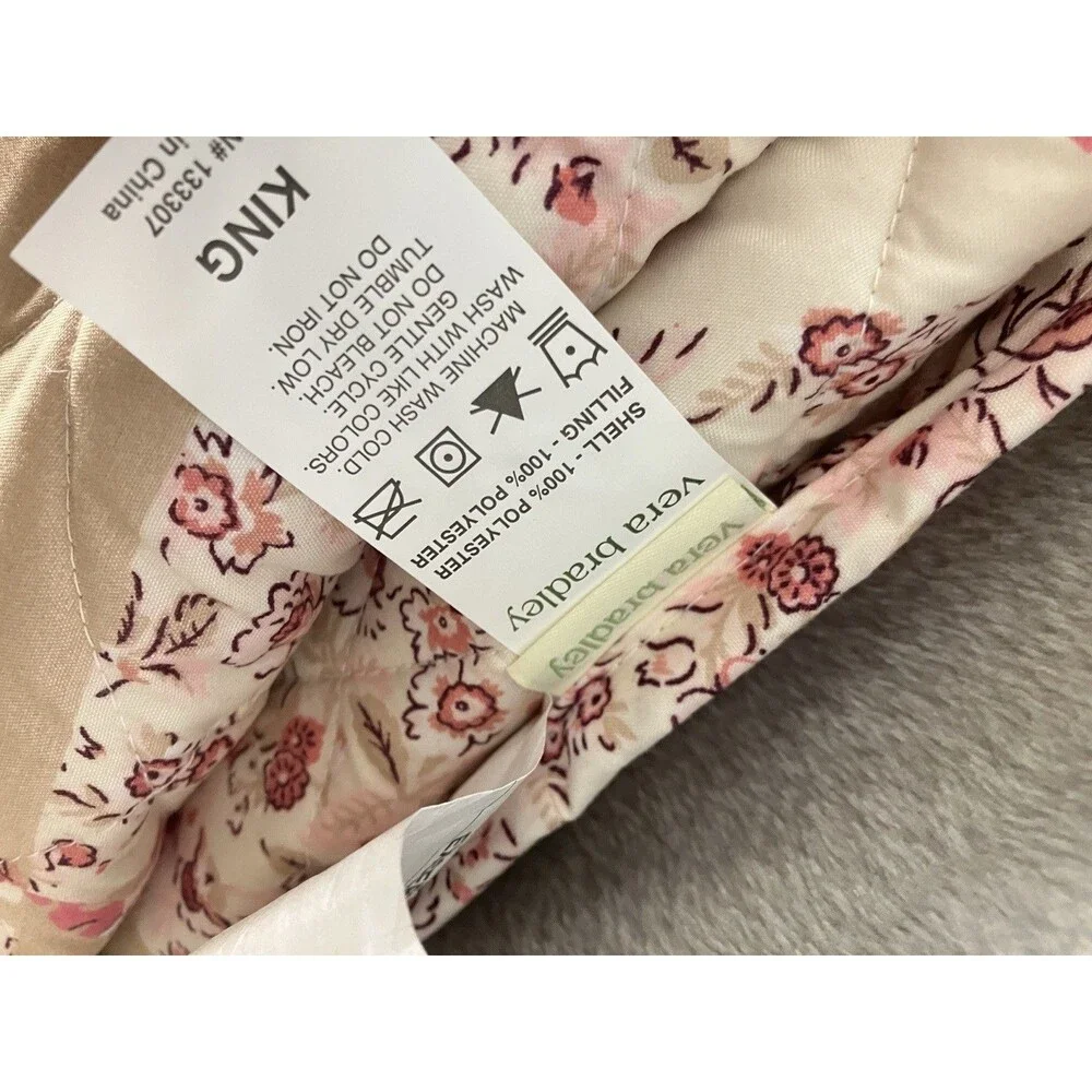 Vera Bradley King Quilt Set 3 Piece Reversible Floral Patchwork Pink Tan Shams